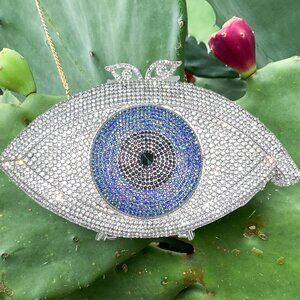 Silver, Black and Blue Crystal Rhinestones Evil Eye Luxury Evening Clutch Purse